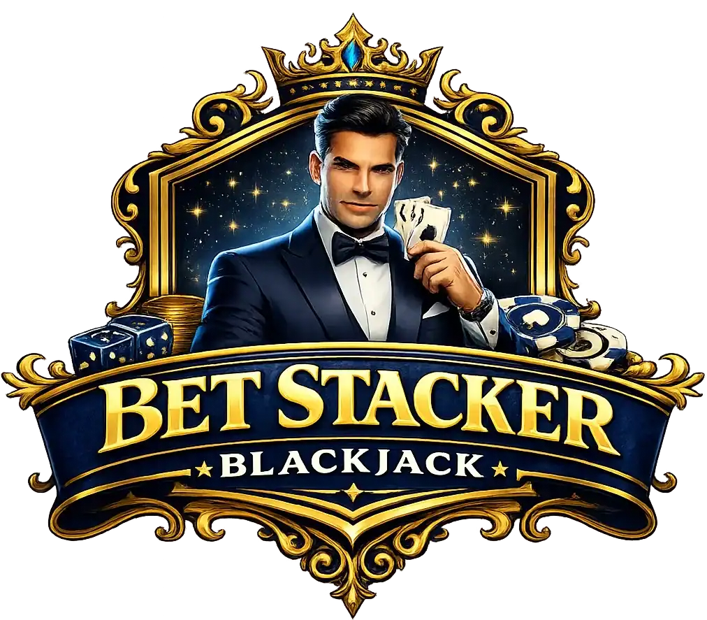 Bet Stacker Blackjack blue casino logo with tuxedo dealer avatar
